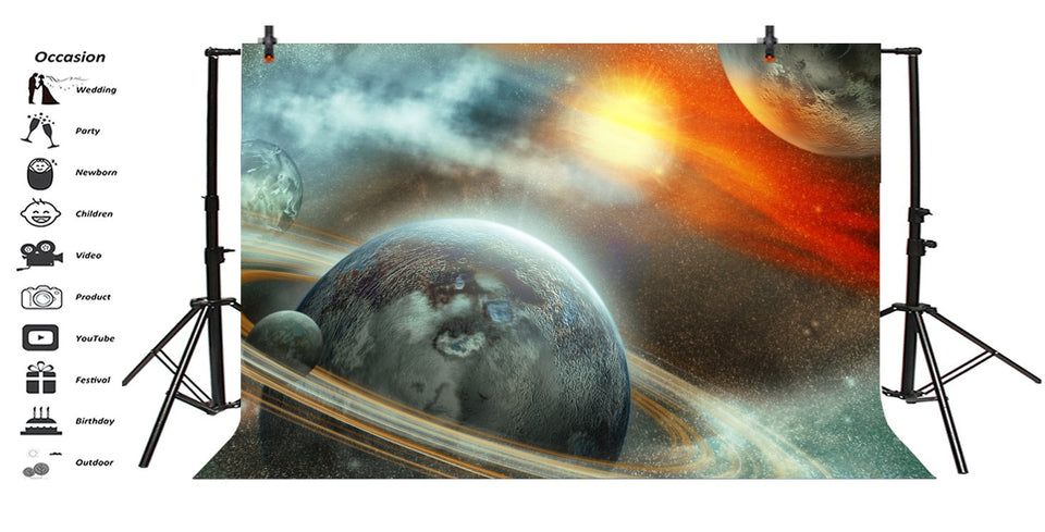 LFEEY 7 x 5 pies de Fondo de temática Espacial Cosmos Nebula Back Drop Science Astronomy Galaxy Sistema Solar Celestial Estrellas Planeta con Anillos Satélite Fondo Foto portafotos